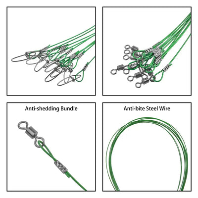 Green steel wire fishing leader bundle with crimp sleeves and anti-bite clips