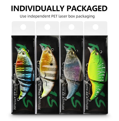 Individually packed set of four vibration fishing lures in green, blue, silver, and gold colors