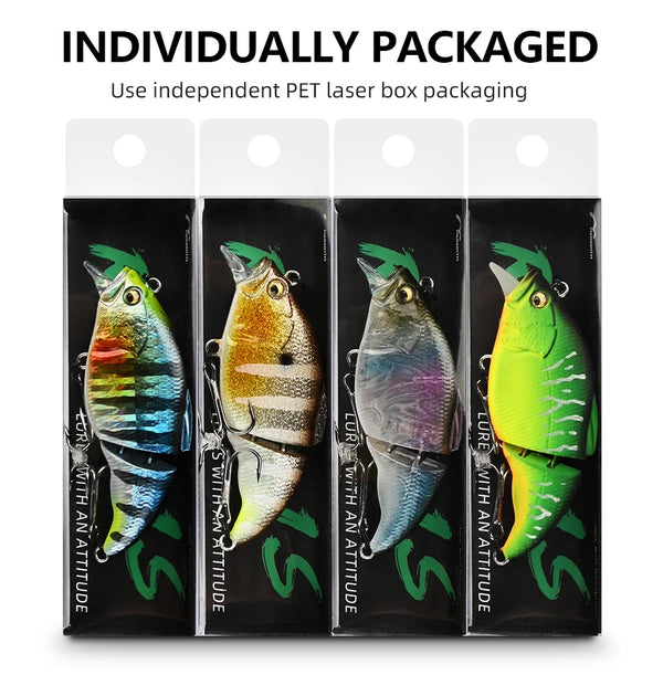 Individually packed set of four vibration fishing lures in green, blue, silver, and gold colors