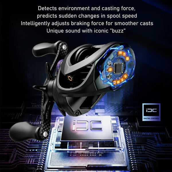 Black baitcasting reel with blue-lit control circuitry and side handle