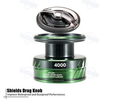 SeaKnight WR4 Windrunner IV spinning reel head green and black with metallic drag knob and model number 4000 visible
