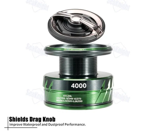 SeaKnight WR4 Windrunner IV spinning reel head green and black with metallic drag knob and model number 4000 visible