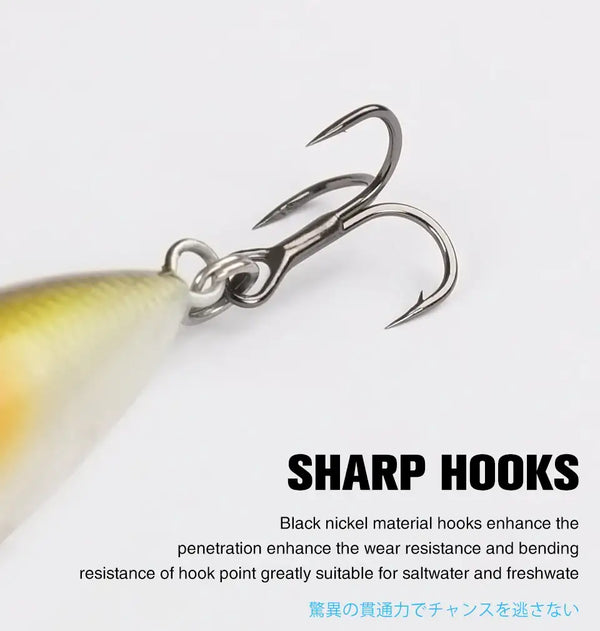Topwater popper lure with black nickel sharp hooks and split-ring attachment