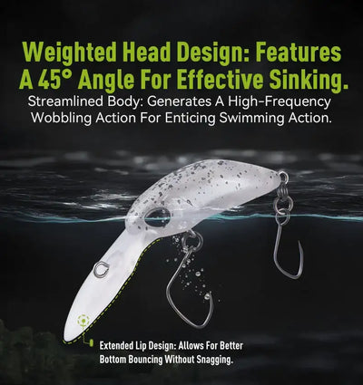 White speckled Micro Expert sinking minnow crankbait with angled weighted head and hooks