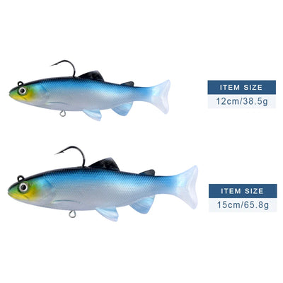 Weighted soft swimbait lure pair, blue silver tones with 3D eyes and T-tail
