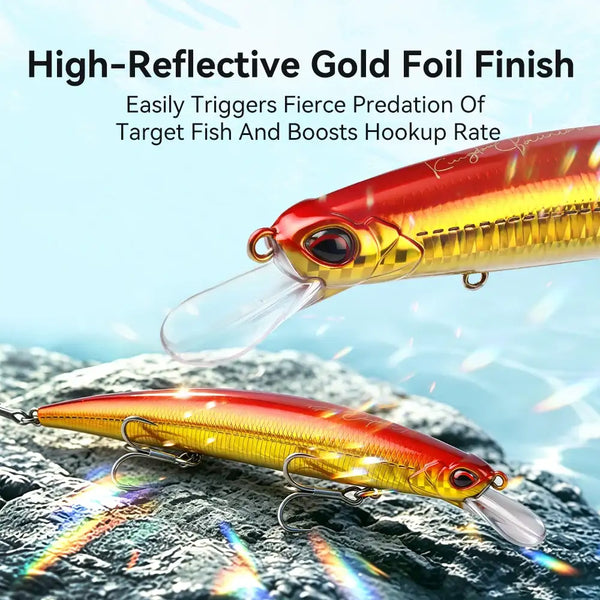 Fishing lure minnow, red and gold swirled finish with clear lip and treble hooks.