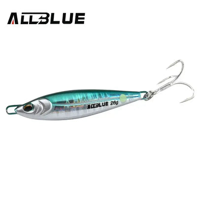 Metal fishing jig lure, silver and green-blue body with treble hooks and split ring