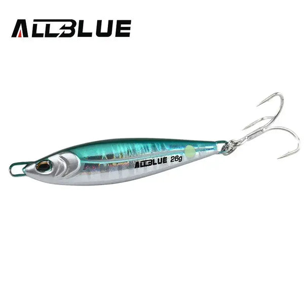 Metal fishing jig lure, silver and green-blue body with treble hooks and split ring
