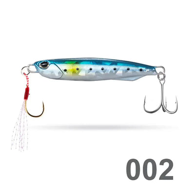 Hunthouse metal pencil jig 002: silver-blue body with spots, skirt, double hooks