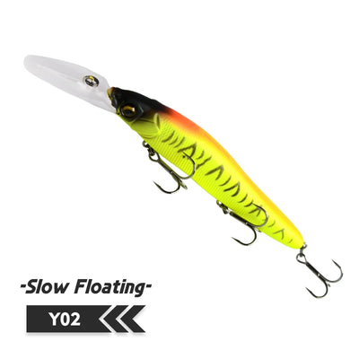 Minnow fishing lure, bright yellow with black head, clear lip, three treble hooks
