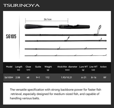 Packable lure rod, S6105 model, black multi-section handle with line guides