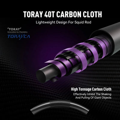 Close-up of purple TORAY 40T carbon cloth wrapped on a squid jigging rod section