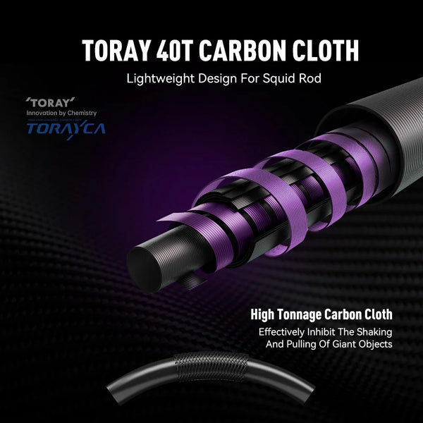 Close-up of purple TORAY 40T carbon cloth wrapped on a squid jigging rod section