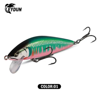Leydun sinking minnow jerkbait fishing lure with green pink gradient body silver scales and triple hooks