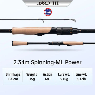 2.34m spinning fishing rod, black graphite blank, tan handle, Fuji guides, reel seat