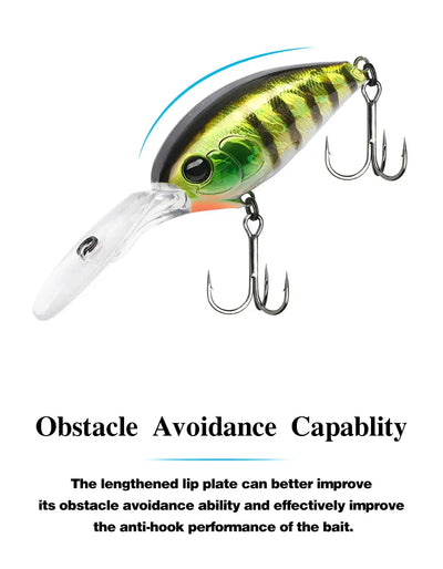 Green-gold crankbait fishing lure with clear white lip and three treble hooks