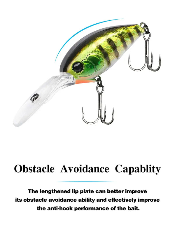 Green-gold crankbait fishing lure with clear white lip and three treble hooks
