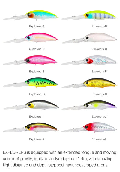 Assorted suspending minnow hard body lures in multiple colors on a white background.