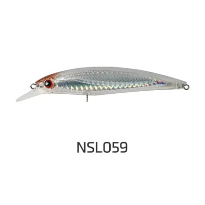 White and silver floating minnow jerkbait with pointed lip and treble hooks