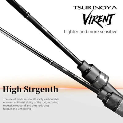 Black fishing rod close-up with reel seat and textured grip, two rod sections shown