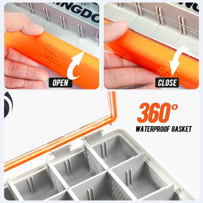 Orange lid latch area on fishing tackle box with open and close tabs