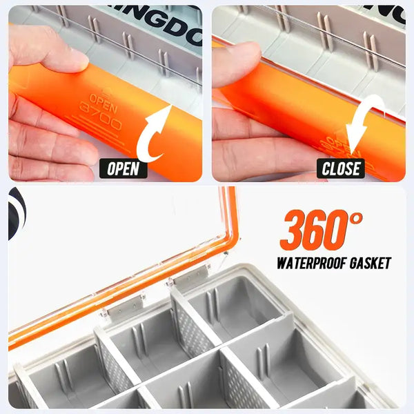 Orange lid latch area on fishing tackle box with open and close tabs