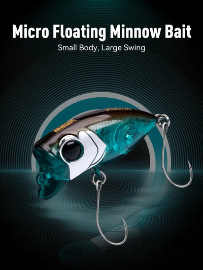 Micro floating minnow popper lure, teal translucent body with white face and curved hooks