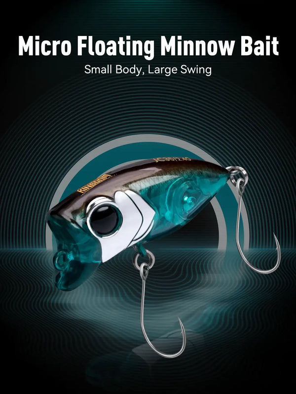 Micro floating minnow popper lure, teal translucent body with white face and curved hooks