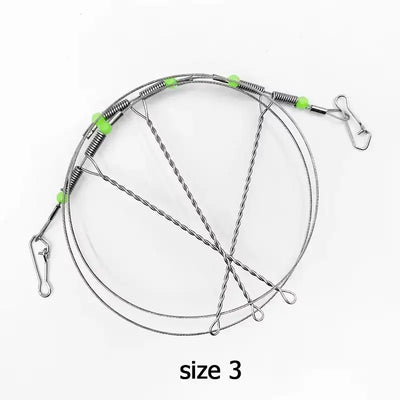 Steel wire fishing leader rig, size 3, with luminous green beads and snap clips