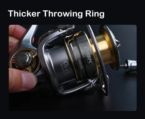 Close-up of saltwater spinning reel with thicker throwing ring and gold spool