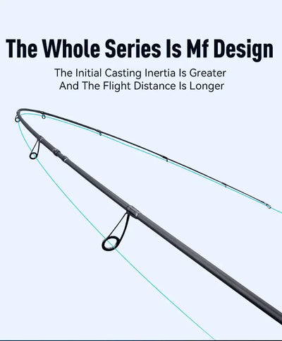 Casting fishing rod with line guide rings and blue reference lines along the blank