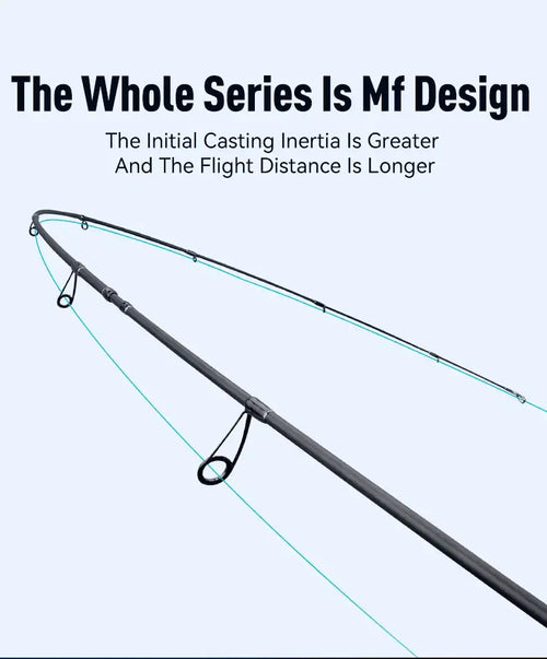 Casting fishing rod with line guide rings and blue reference lines along the blank