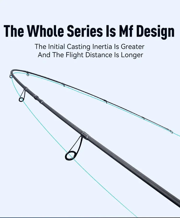 Casting fishing rod with line guide rings and blue reference lines along the blank