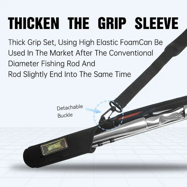 Thick grip sleeve on rod protection bag with detachable buckle and foam grip padding