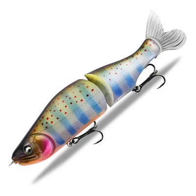 Jointed minnow fishing lure, blue and silver body with red-speckled head