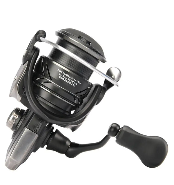 Spinning fishing reel close-up with silver spool, black handle grip, front view.