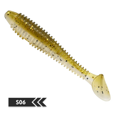 Soft silicone fishing lure, yellow-gold body with dark speckles and paddle tail (S06).