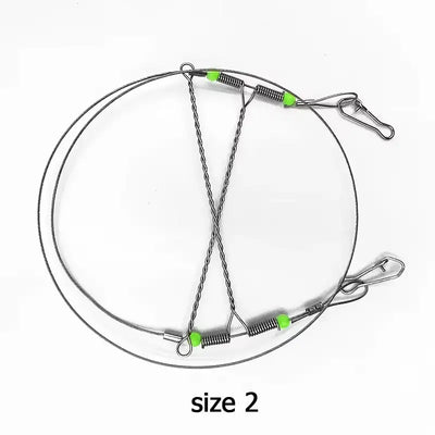 Steel wire fishing leader rig, size 2, with luminous green beads and snap clips