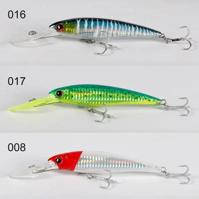 Trolling minnow wobbler 3-pack with silver-blue, neon green, and red-white lures
