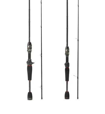 Spinning rod with black handle and reel seat, line guides shown in two vertical views.