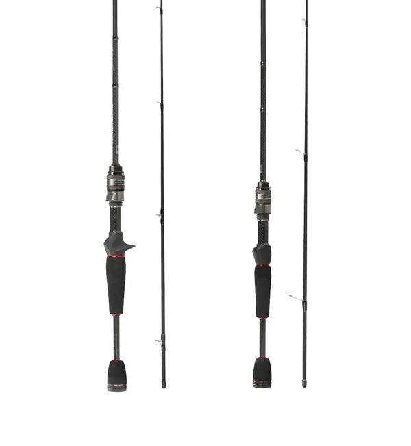Spinning rod with black handle and reel seat, line guides shown in two vertical views.