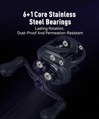 Black baitcasting reel with visible 6+1 bearing system and compact low-profile body.
