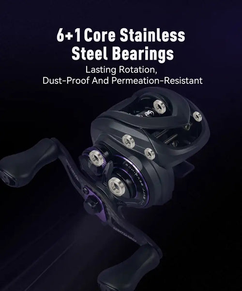 Black baitcasting reel with visible 6+1 bearing system and compact low-profile body.