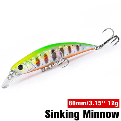 Sinking minnow fishing lure, lime green and silver with dark spots and treble hooks