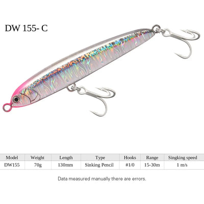 Iridescent sinking pencil fishing lure with treble hooks, DW155-C color