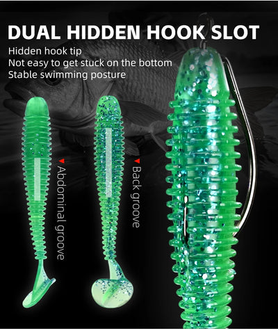 Green silicone T-tail fishing lure with ribbed body and reflective finish