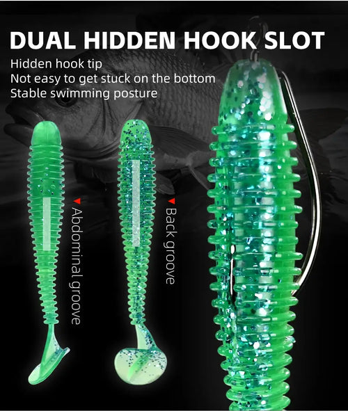 Green silicone T-tail fishing lure with ribbed body and reflective finish