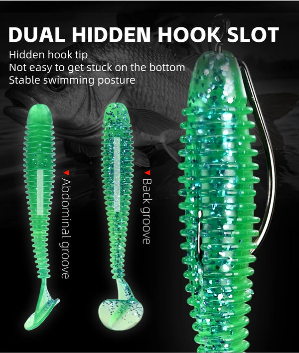 Green silicone T-tail fishing lure with ribbed body and reflective finish