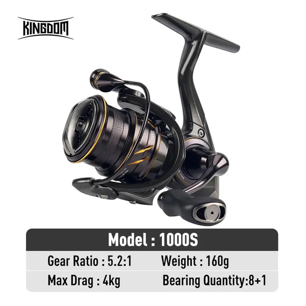 Black spinning fishing reel with metal bail, knurled handle, and orange spool stripe