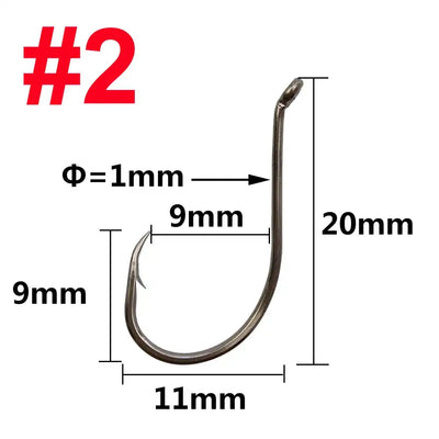 #2 drop shot hook size diagram, dark metal J-hook with eyelet and measured length